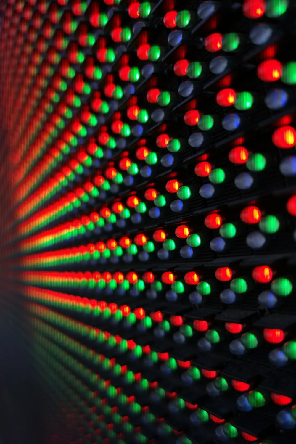 Close-up of LED pixels in red, green and blue